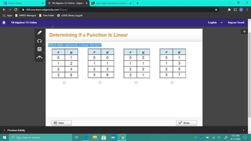 Which table represents a linear function?-example-1