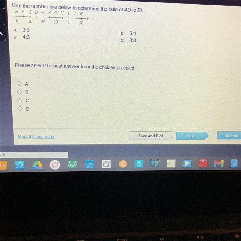 PLSS HELP?!! Use the number line below to determine the ratio of AD to El. A B C D-example-1