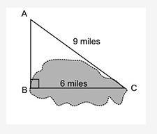 The figure shows the location of 3 points around a lake. The length of the lake, BC-example-1