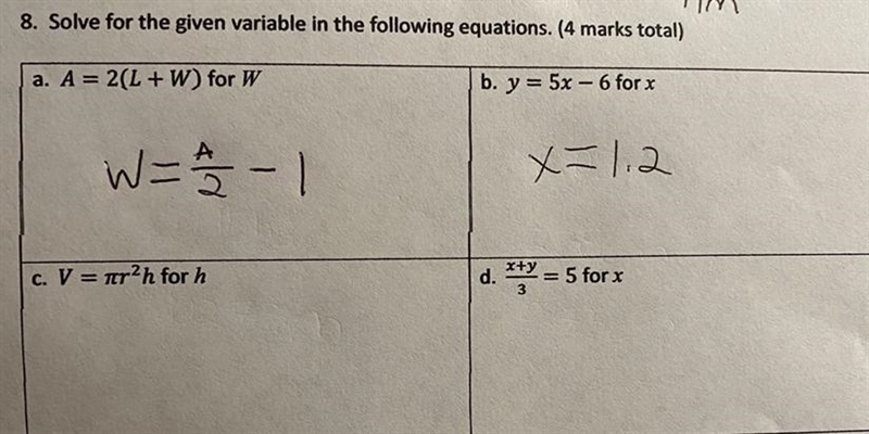 8. Solve for the given variable in the following equations. (4 marks total) i’m confused-example-1