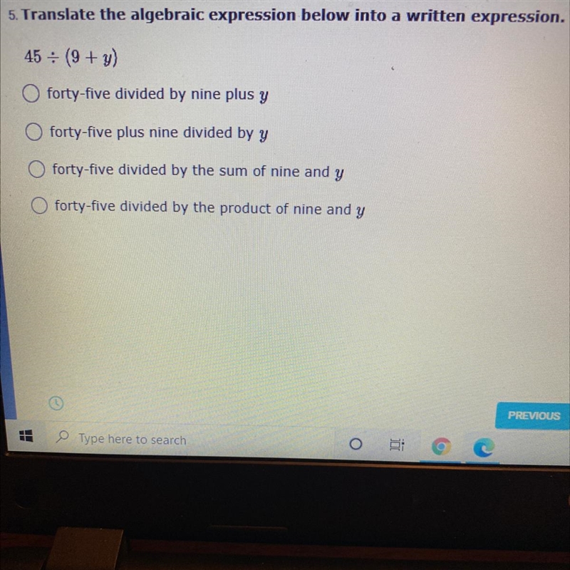 Translate the algebraic expression below into a written expression.-example-1