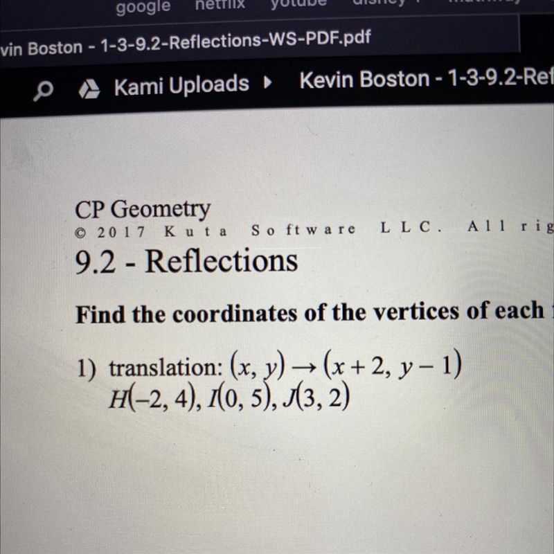 Please answer quickly geometry reflections translation: (x, y)->(x+2, y- 1) H(-2, 4), 1(0,5), H-example-1