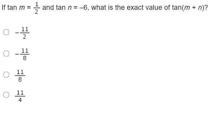 If tan m = One-half and tan n = –6, what is the exact value of tan(m + n)? Negative-example-1