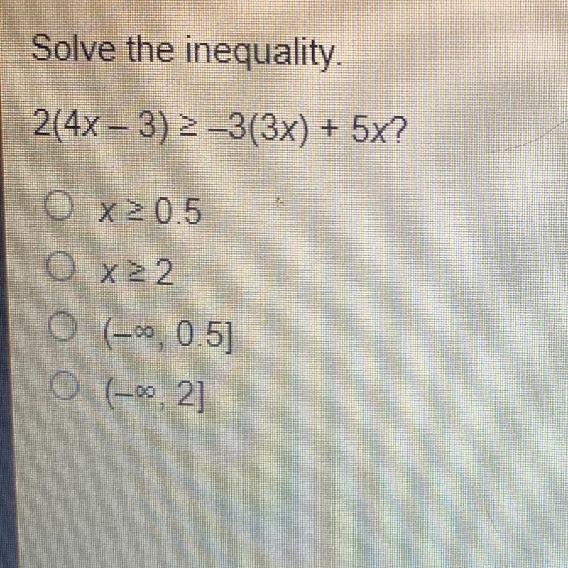 Solve the inequality 2(4x-3)>-3(3x)+5x-example-1