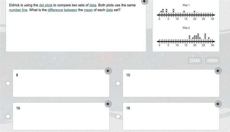 Eldrick is using the dot plots to compare two sets of data. Both plots use the same-example-1