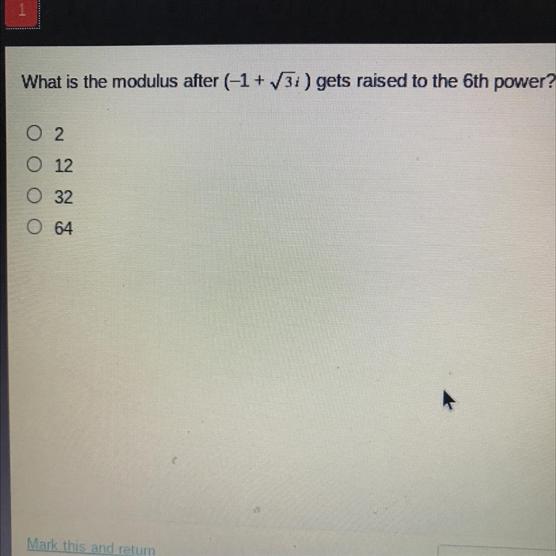 What is the modulus after (-1+sqrt3i) gets raised to the 6th power-example-1