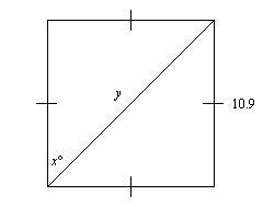 Find x and y. A) x = 45°, y = 10.9√2 B) x = 45°, y = 10.9 C) x = 30°, y = 10.9 D) x-example-1