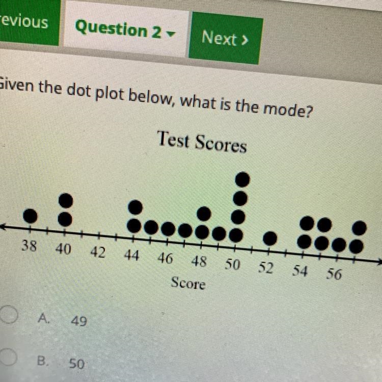 What’s the mode A.49 B.50 C.52 D.46 and 51-example-1