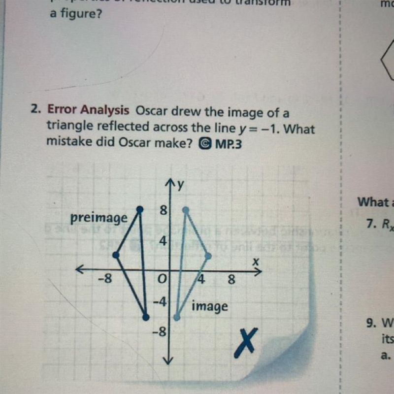 Oscar drew the image of a triangle reflected across the line y=-1. What mistake did-example-1