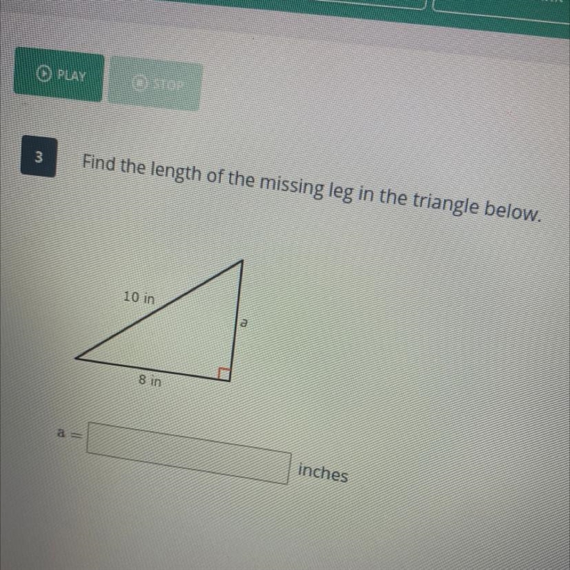 Find the length of the missing leg in the triangle below-example-1