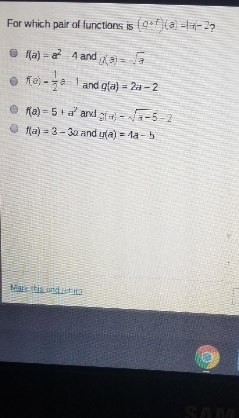 (Plz answer I am time) For which pairs of function is (g*f)(a)=|a|-2​-example-1