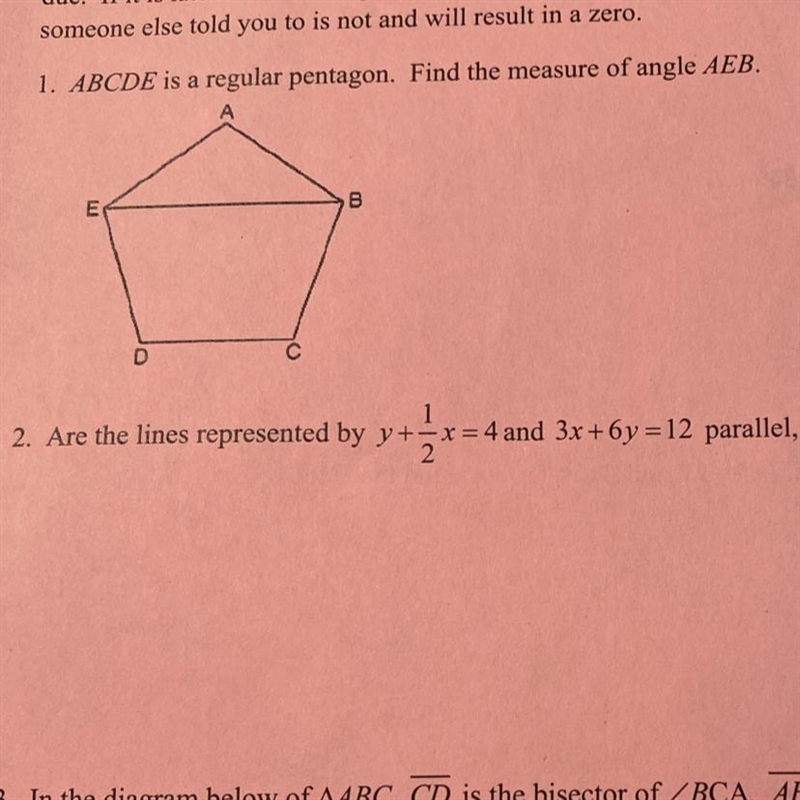 Question one 1: ABCDE is regular Pentagon find the measure of angle AEB?-example-1