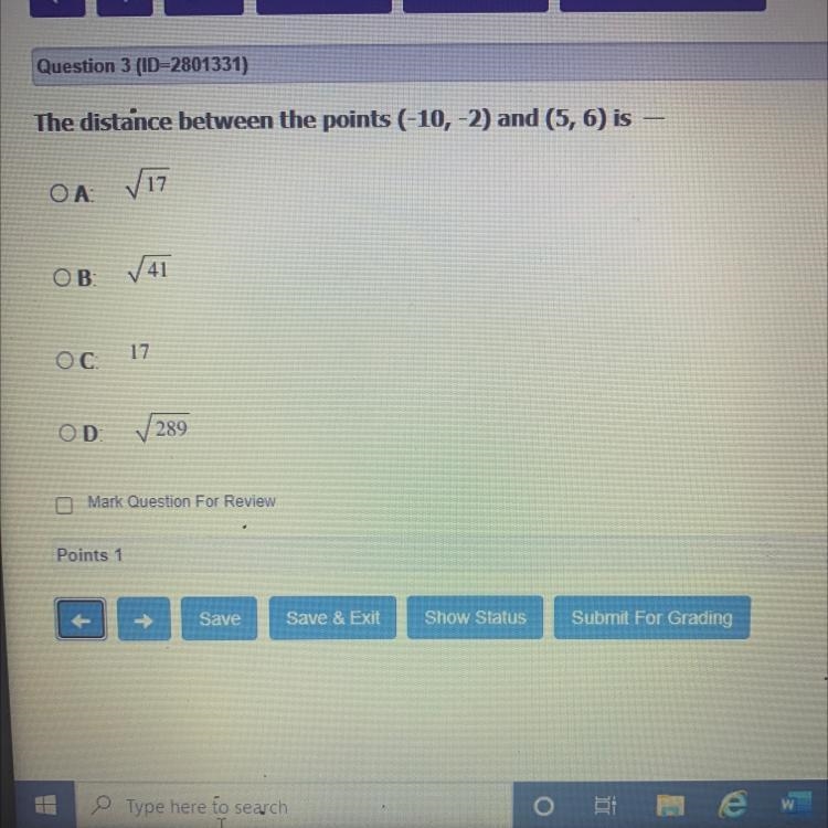 The distance between the points (-10, -2) and (5,6) is-example-1