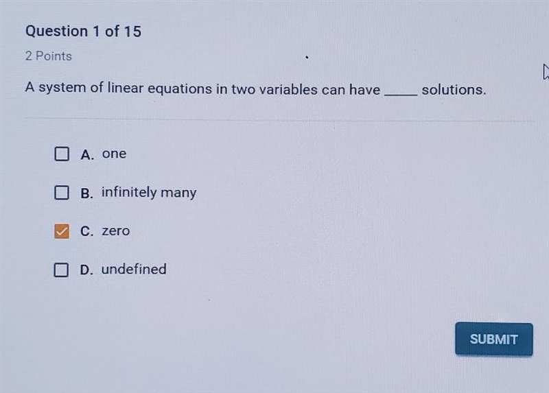 A system of linear equations in two variables can have _____ solutions. ​-example-1