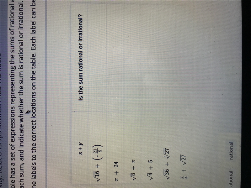 50 POINTS!! Are the sums rational or irrational?-example-1