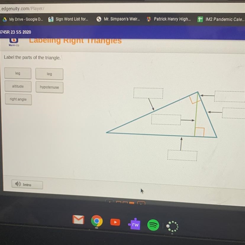 Label the parts of the triangle. leg leg altitude hypotenuse right angle-example-1