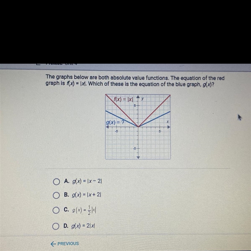 The graphs below are both absolute value functions. The equation of the red graph-example-1