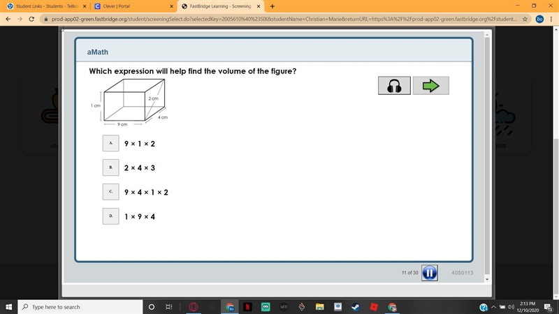 Which expression will help find the volume of the figure?-example-1