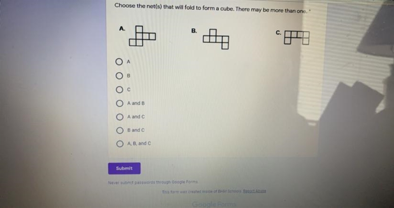 Choose the net(s) that will fold to form a cube. There may be more than one. * A. B-example-1