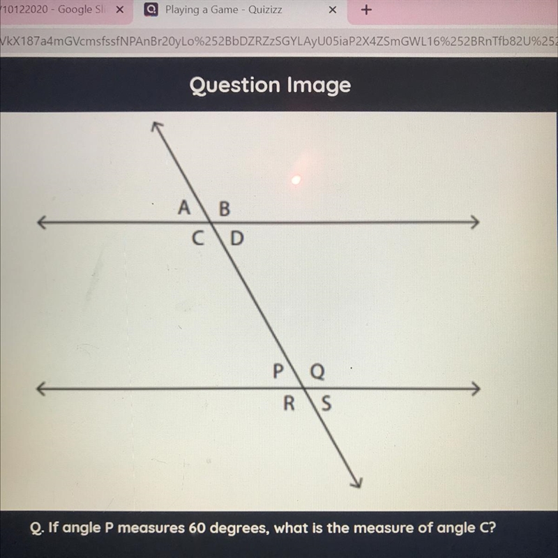 If angle P measures 60 degrees, what is the measure of angle C? A)120 B)30 C)60-example-1