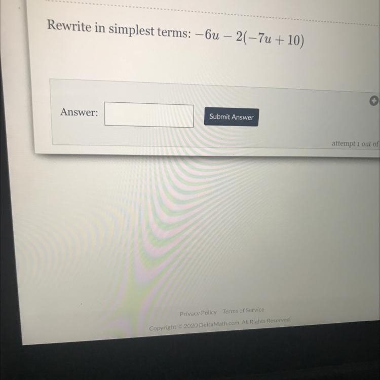 Rewrite in simplest terms : -6u-2(-7u+10)-example-1