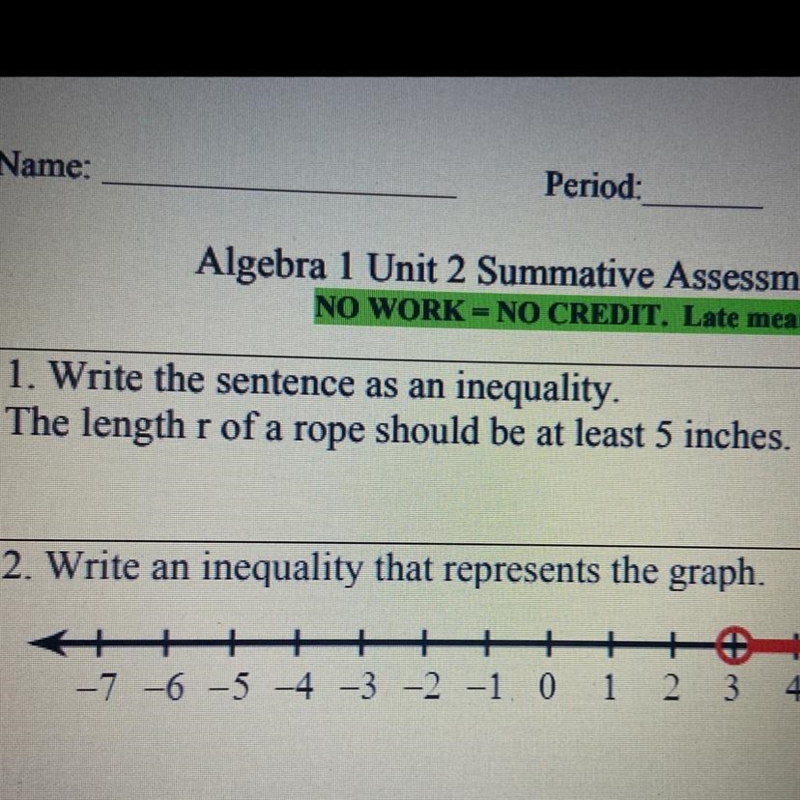 1. Write the sentence as an inequality. The length r of a rope should be atleast 5 inches-example-1