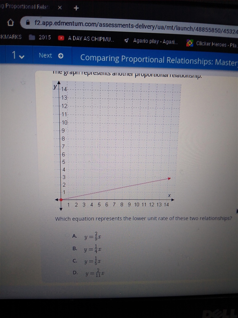 What's the answer Which equation represents the lower unit rate of these two relationships-example-1