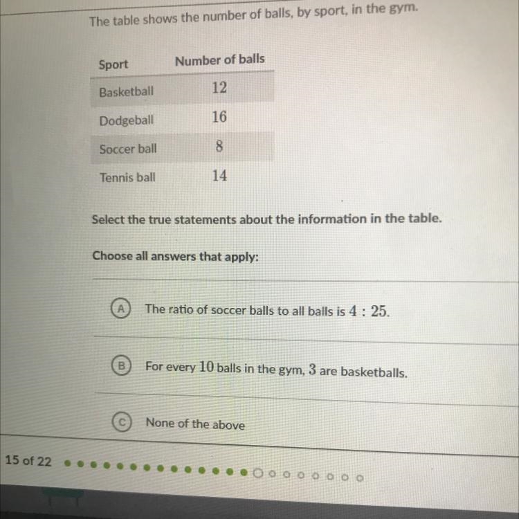 The table shows the number of balls, by sport, in the gym. Sport Number of balls Basketball-example-1