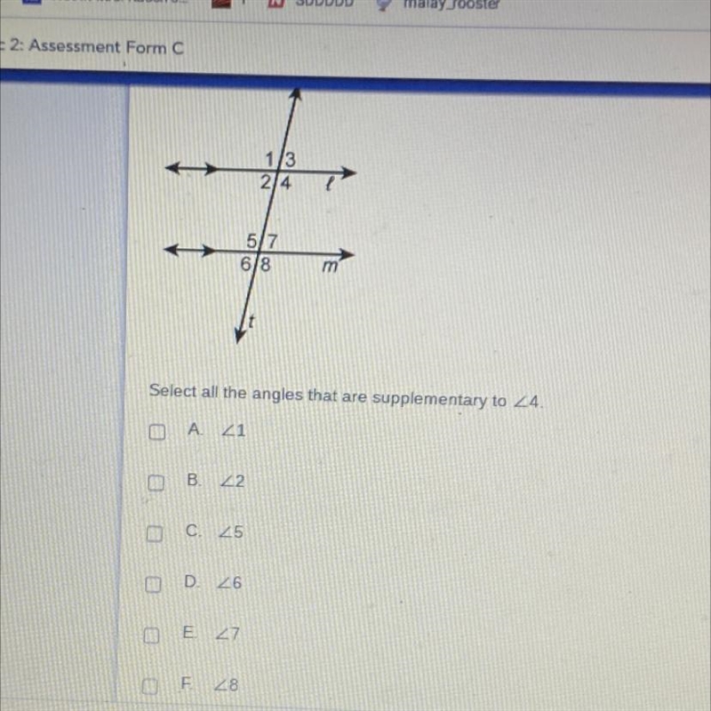 Lines and mare intersected by transversal t. || m. Select all the angles that are-example-1