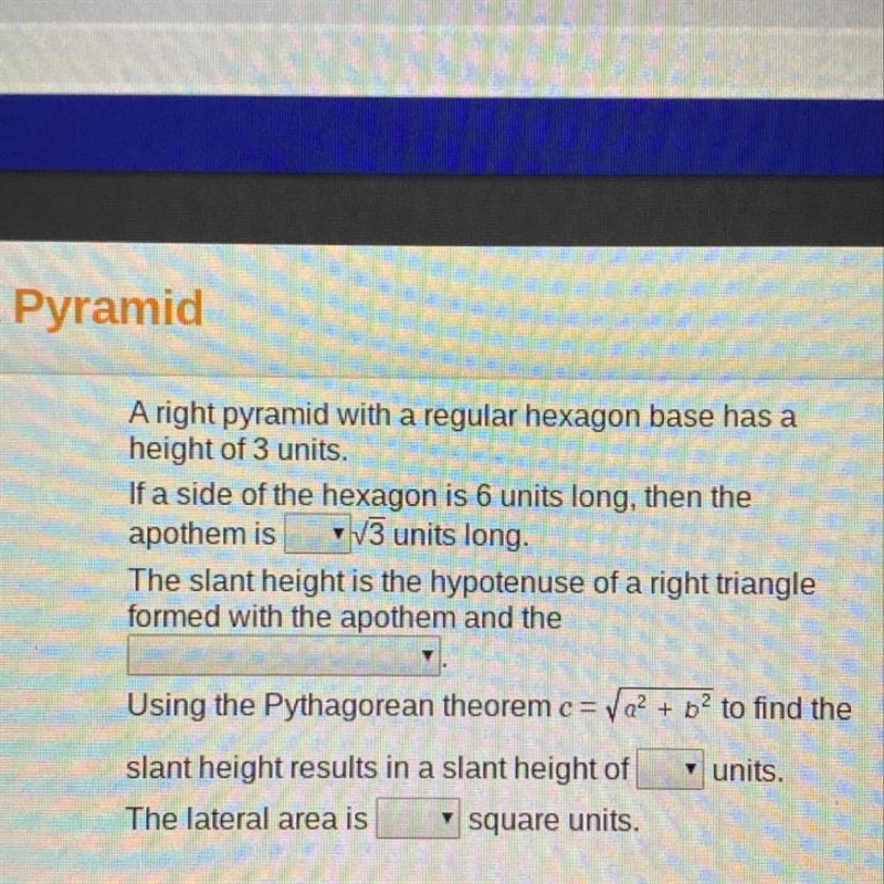 A right pyramid with a regular hexagon base has a height of 3 units.-example-1