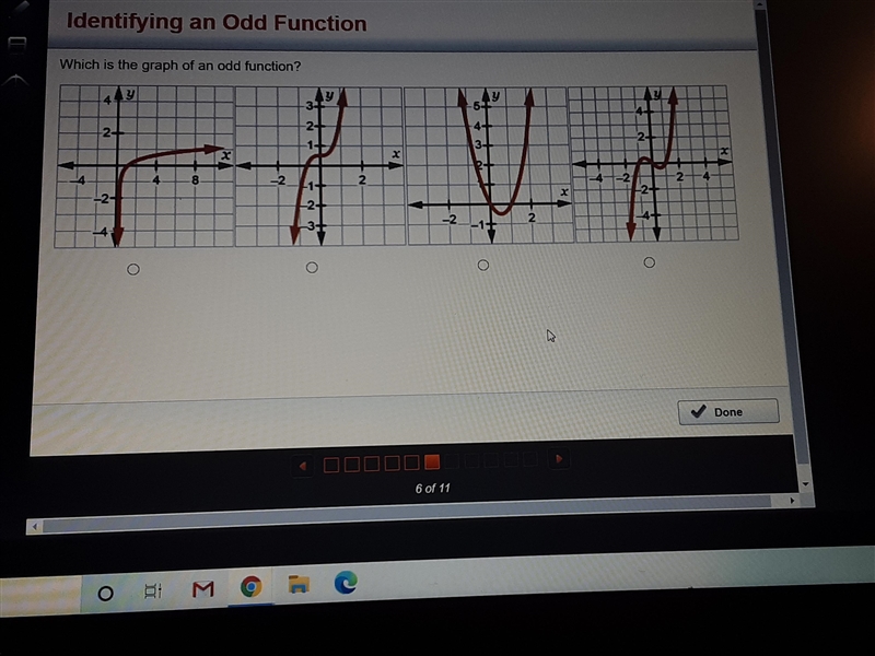 Which is a graph of an odd function?-example-1