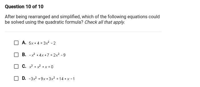 After being rearranged and simplified, which of the following equations could be solved-example-1