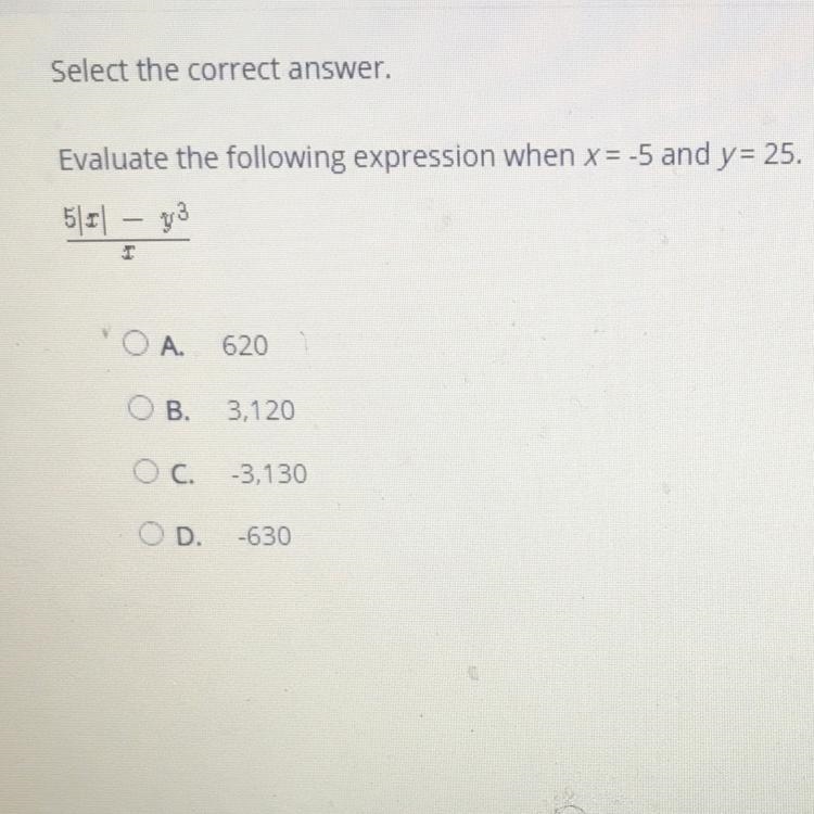 Select the correct answer. Evaluate the following expression when x= -5 and y= 25 5|x-example-1