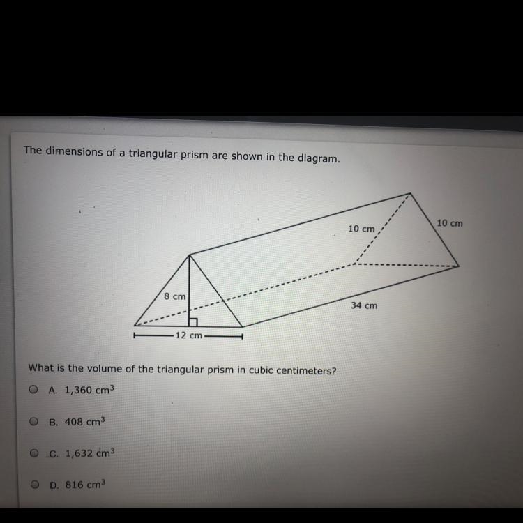 10 cm 10 cm 8 cm 34 cm 12 cm What is the volume of the triangular prism in cubic centimeters-example-1