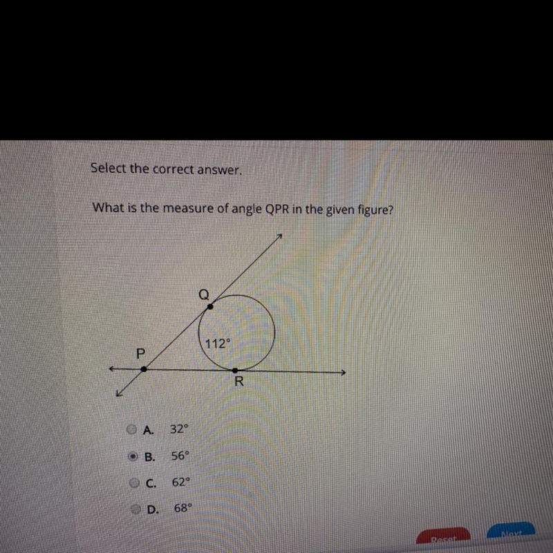 What is the measure of angle QPR in the given figure? A. 32 B. 56 C. 62 D. 68-example-1