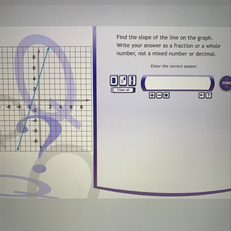 HELP!!!!! Find the slope of the line on the graph. Write your answer as a fraction-example-1