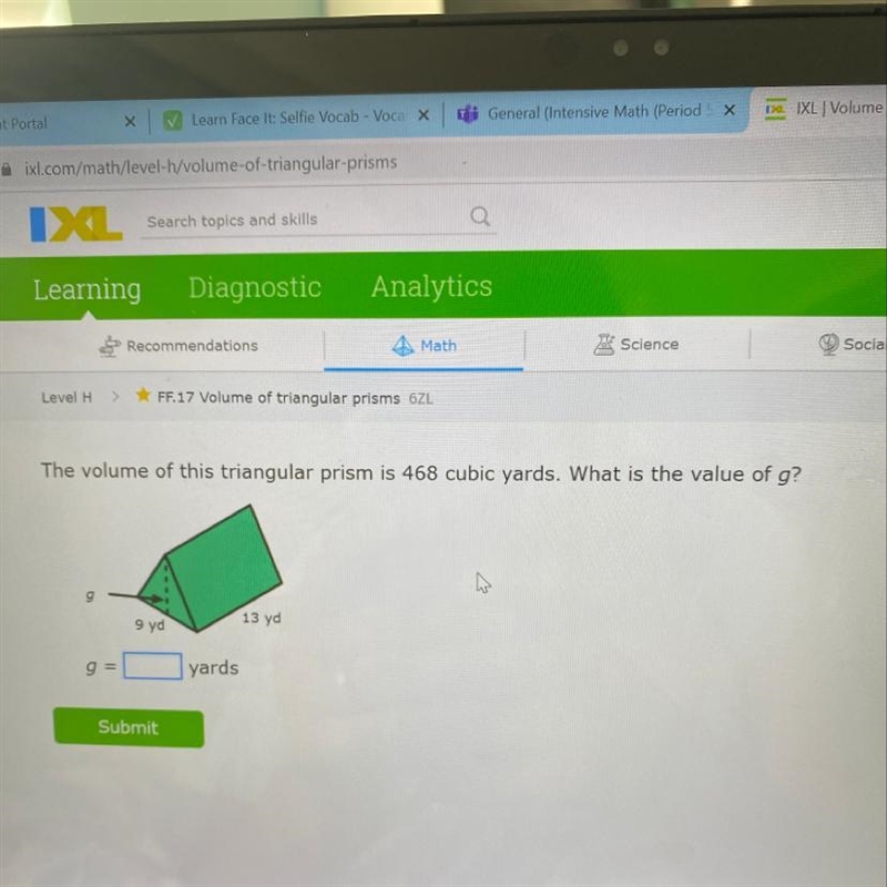 The volume of this triangular prism is 468 cubic yards. What is the value of g?please-example-1