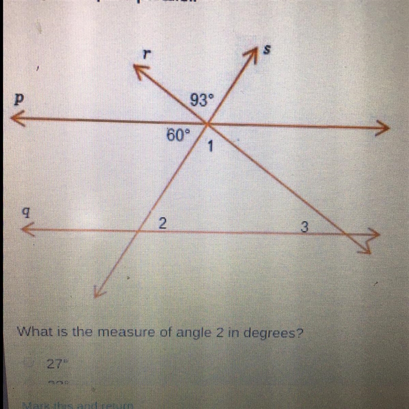 Lines p and q are parallel. 60° What is the measure of angle 2 in degrees? 27 degrees-example-1