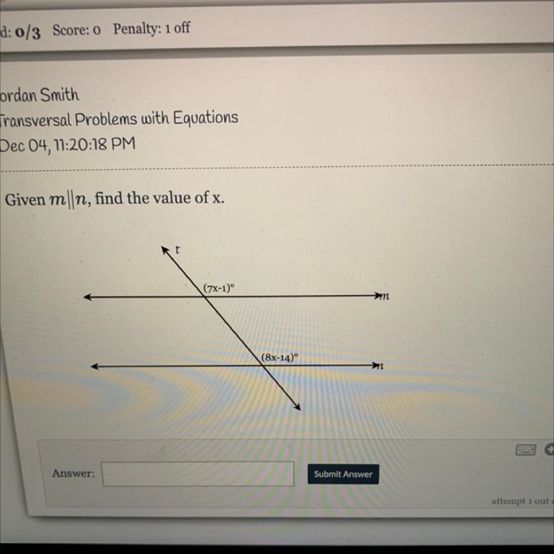 Given m||n, find the value of x. t (7x-1) (8x-14)-example-1