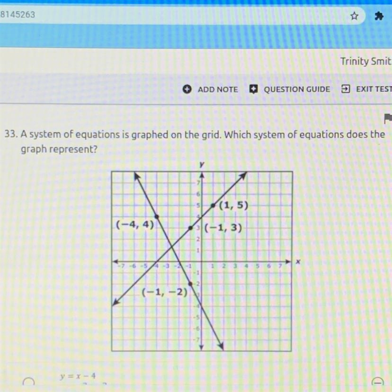 PLEASE HELP ILL GIVE 20 POINTS Answer choices- A- y= x-4 y= -2x-2 B- y= -x-4 y= 2x-example-1