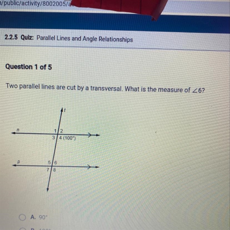 PLS HELP ME A. 90° B. 180° C. 80° D. 100-example-1