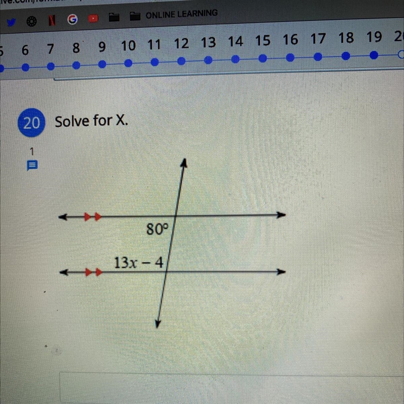 20 Solve for X. 1 80° 13x - 4-example-1