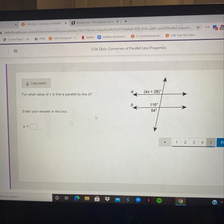 For what value of x is line a parallel to line b?-example-1