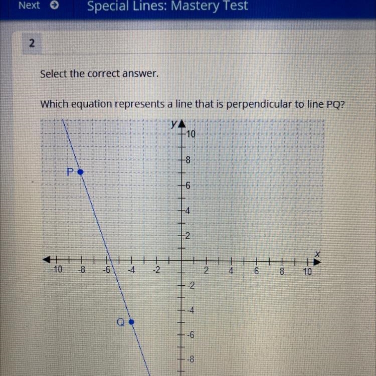 A. y=3x-2 B. y=1/3x+4 C. y=-1/3x-5 D. y=-3x+6-example-1