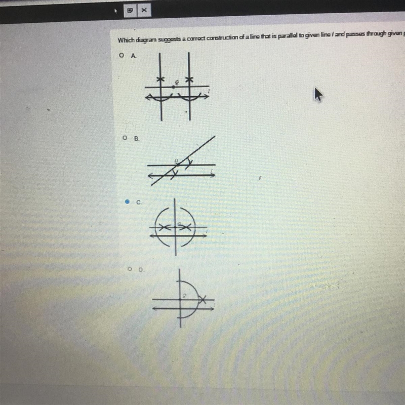 Which diagram suggests a correct construction of a line that is parallel to given-example-1