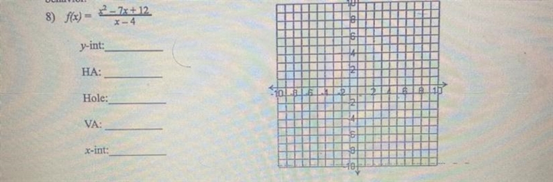 In numbers 8 & 9, graph f(x). Show all asymptotes and/or holes, x- & y-intercepts-example-1