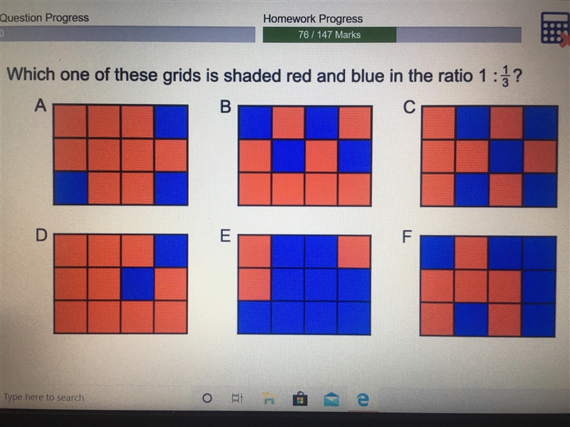 Which one of these grids is shaded red and blue in the ratio 1 : 1/3 ?-example-1