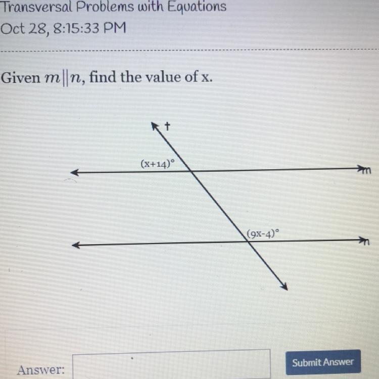 Given m ||n, find the value of x. (x+14) mm (9x-40°-example-1