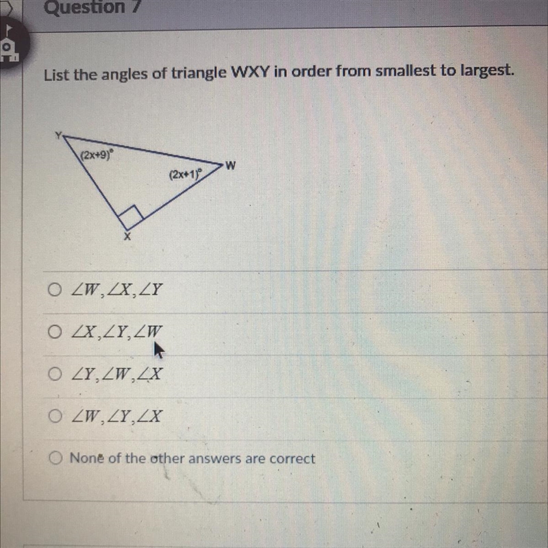 List the angles of triangle WXY in order from smallest to largest.-example-1