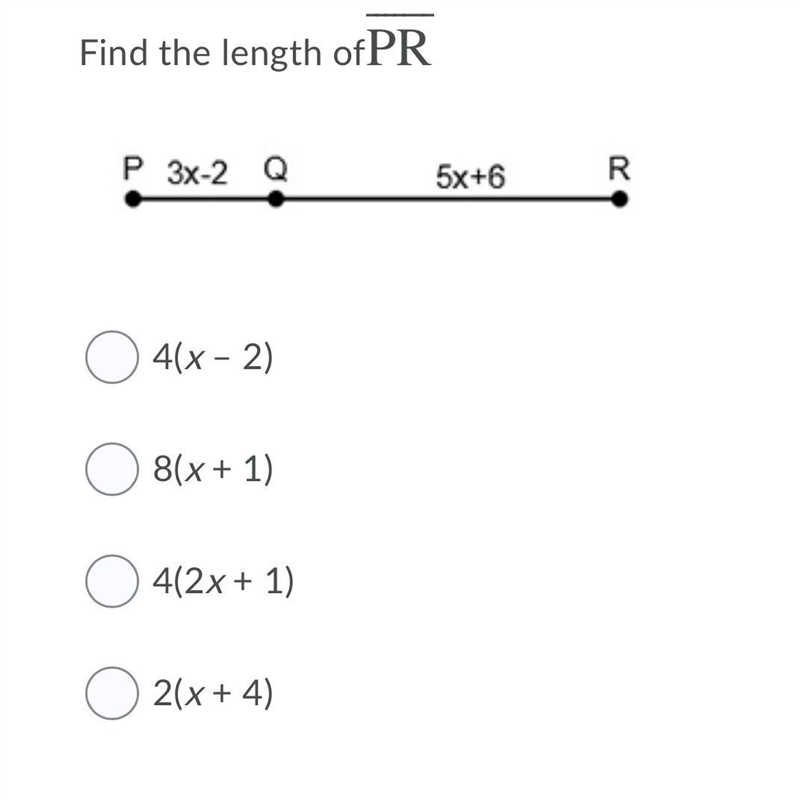 Find the length of PR Question 21 options: 4(x – 2) 8(x + 1) 4(2x + 1) 2(x + 4)-example-1